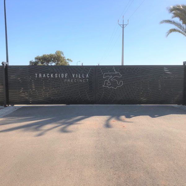 custom architectural sliding gate for Trackside Villa Precinct